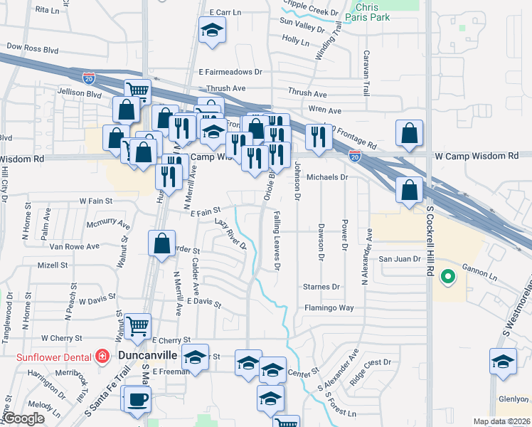 map of restaurants, bars, coffee shops, grocery stores, and more near 603 Oriole Boulevard in Duncanville