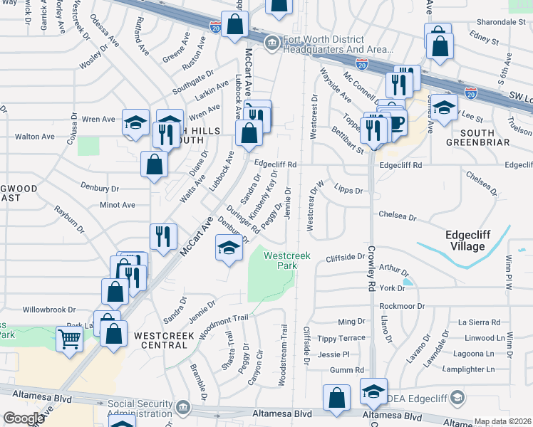 map of restaurants, bars, coffee shops, grocery stores, and more near 5908 Peggy Drive in Fort Worth