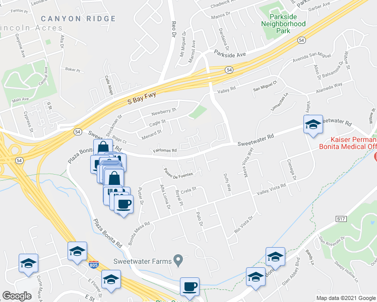 map of restaurants, bars, coffee shops, grocery stores, and more near 3614 Fairlomas Road in National City