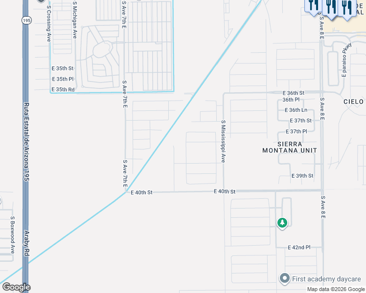 map of restaurants, bars, coffee shops, grocery stores, and more near East 38th Street in Yuma