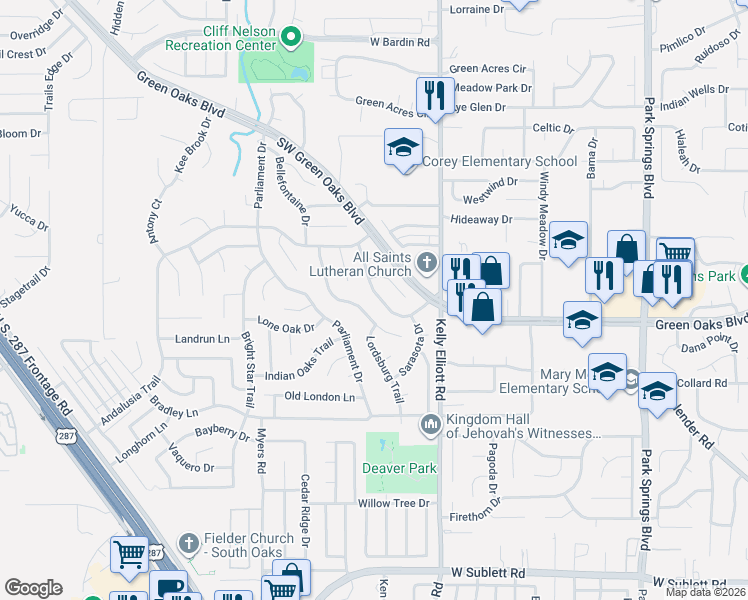 map of restaurants, bars, coffee shops, grocery stores, and more near 5400 Vermillion Trail in Arlington