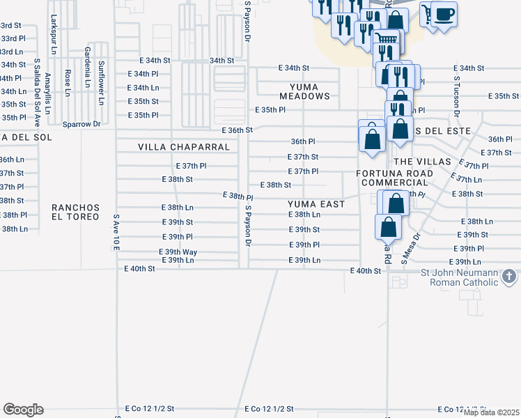 map of restaurants, bars, coffee shops, grocery stores, and more near 10538 East 38th Lane in Yuma