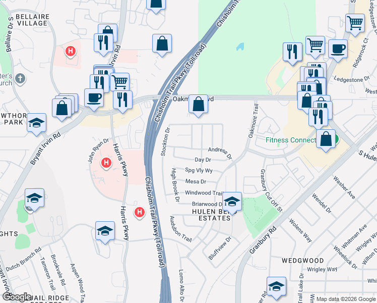 map of restaurants, bars, coffee shops, grocery stores, and more near 6940 Andress Drive in Fort Worth