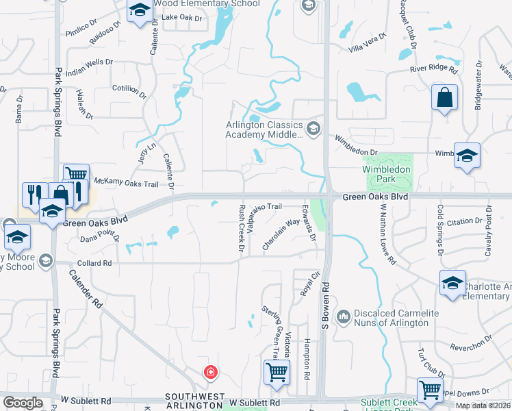 map of restaurants, bars, coffee shops, grocery stores, and more near 2703 Valparaiso Trail in Arlington