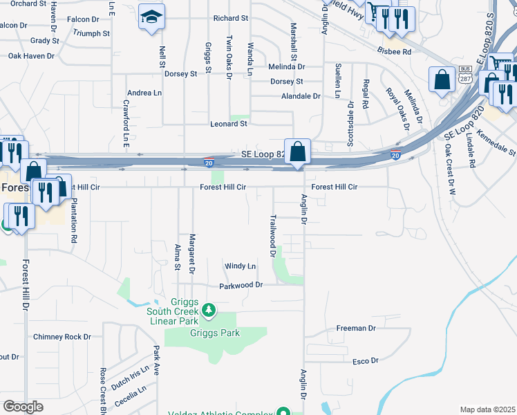 map of restaurants, bars, coffee shops, grocery stores, and more near 4600 Forest Hill Circle in Forest Hill