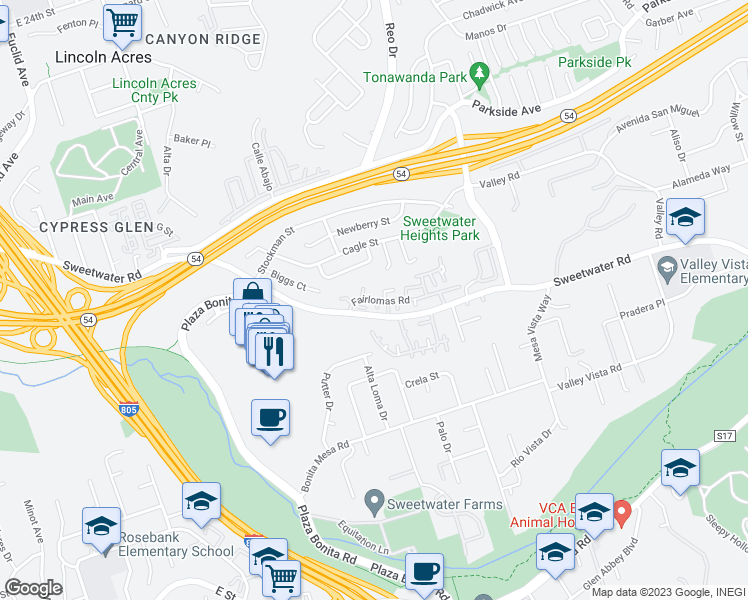 map of restaurants, bars, coffee shops, grocery stores, and more near 3519 Fairlomas Road in National City