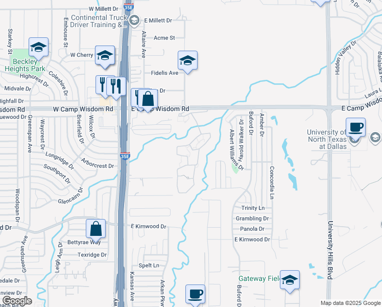 map of restaurants, bars, coffee shops, grocery stores, and more near 330 East Camp Wisdom Road in Dallas