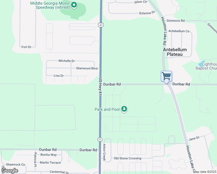 map of restaurants, bars, coffee shops, grocery stores, and more near 1250 Dunbar Road in Warner Robins