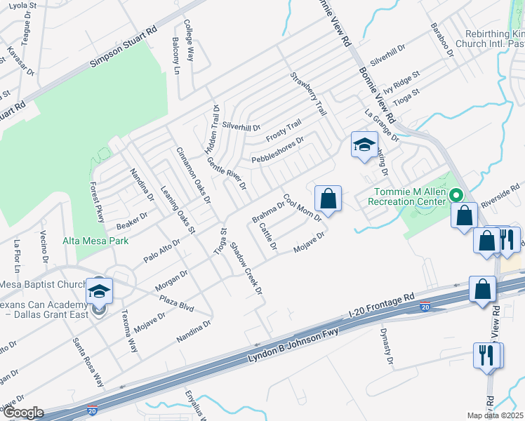 map of restaurants, bars, coffee shops, grocery stores, and more near 3435 Brahma Drive in Dallas
