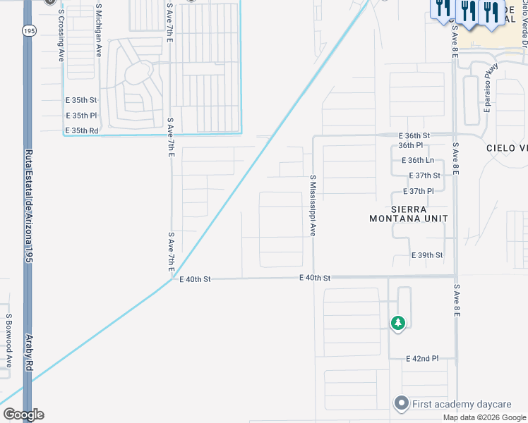 map of restaurants, bars, coffee shops, grocery stores, and more near East 38th Street in Yuma