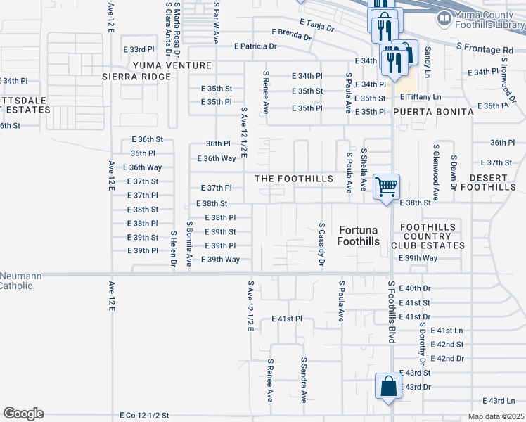 map of restaurants, bars, coffee shops, grocery stores, and more near 11704 Betty Lane in Yuma