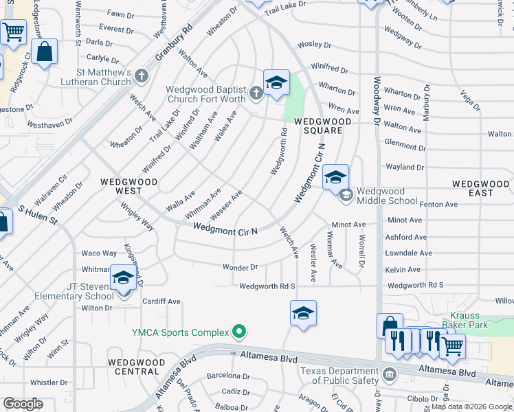 map of restaurants, bars, coffee shops, grocery stores, and more near 5732 Wedgworth Road in Fort Worth