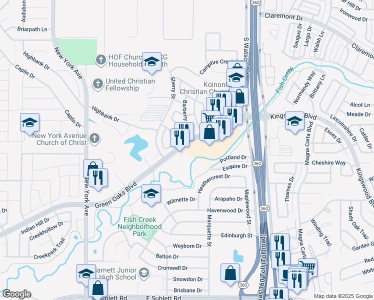 map of restaurants, bars, coffee shops, grocery stores, and more near 2290 Southeast Green Oaks Boulevard in Arlington