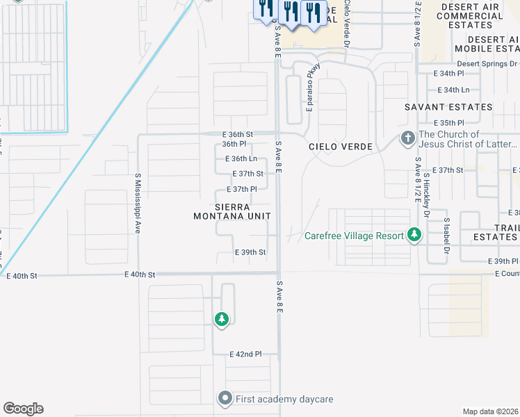 map of restaurants, bars, coffee shops, grocery stores, and more near 7954 East 38th Street in Yuma