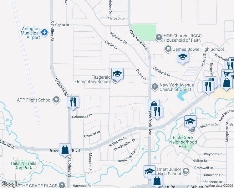 map of restaurants, bars, coffee shops, grocery stores, and more near 1601 Gentle Wind Drive in Arlington