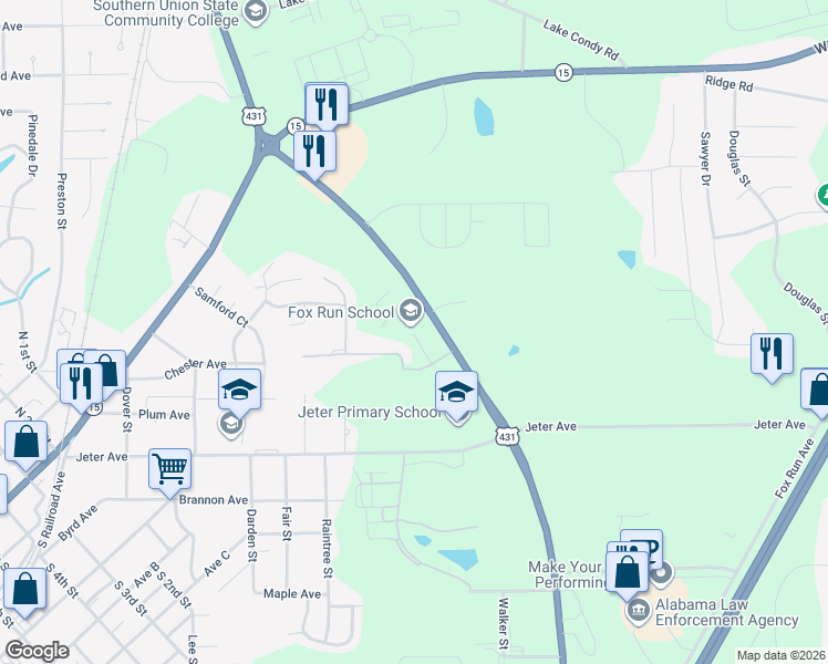map of restaurants, bars, coffee shops, grocery stores, and more near 1110 Fox Run Parkway in Opelika