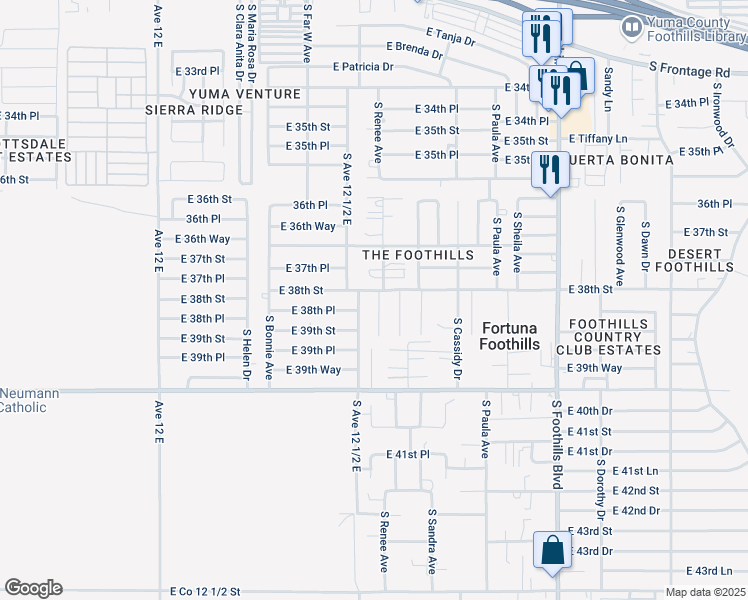 map of restaurants, bars, coffee shops, grocery stores, and more near 11704 Betty Lane in Yuma