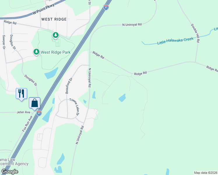 map of restaurants, bars, coffee shops, grocery stores, and more near 2117 Ridge Road in Opelika