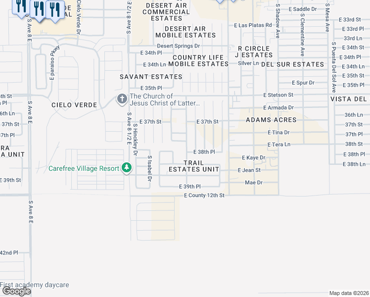 map of restaurants, bars, coffee shops, grocery stores, and more near 3812 South Organ Pipe Drive in Yuma