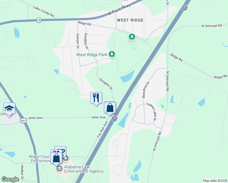 map of restaurants, bars, coffee shops, grocery stores, and more near Douglas Street in Opelika