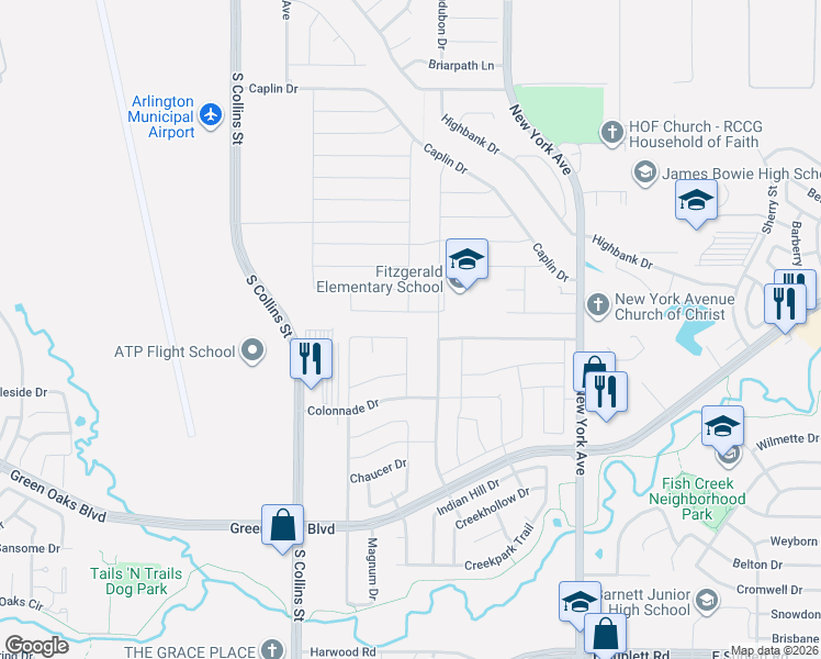 map of restaurants, bars, coffee shops, grocery stores, and more near 5300 Creek Valley Drive in Arlington