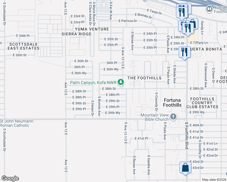 map of restaurants, bars, coffee shops, grocery stores, and more near 12436 East 38th Street in Yuma