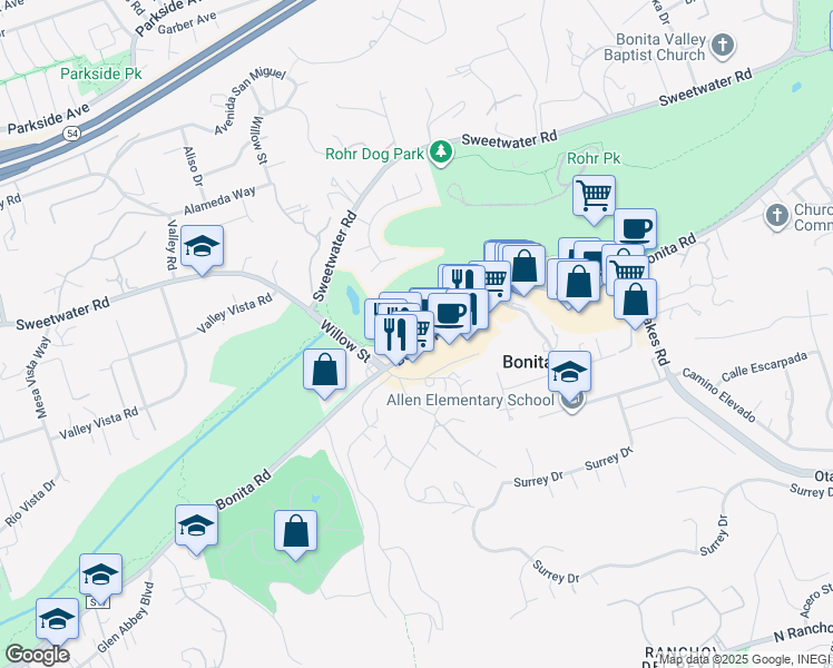 map of restaurants, bars, coffee shops, grocery stores, and more near 4095 Bonita Road in Bonita
