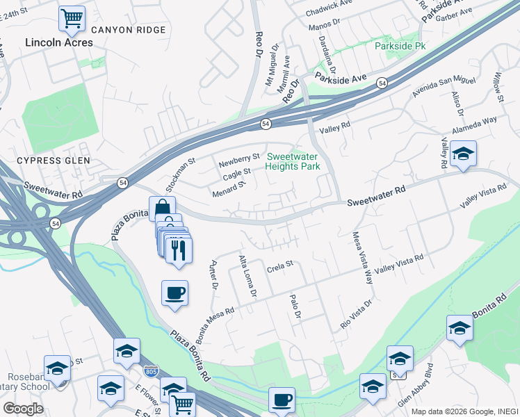 map of restaurants, bars, coffee shops, grocery stores, and more near 3519 Fairlomas Road in National City
