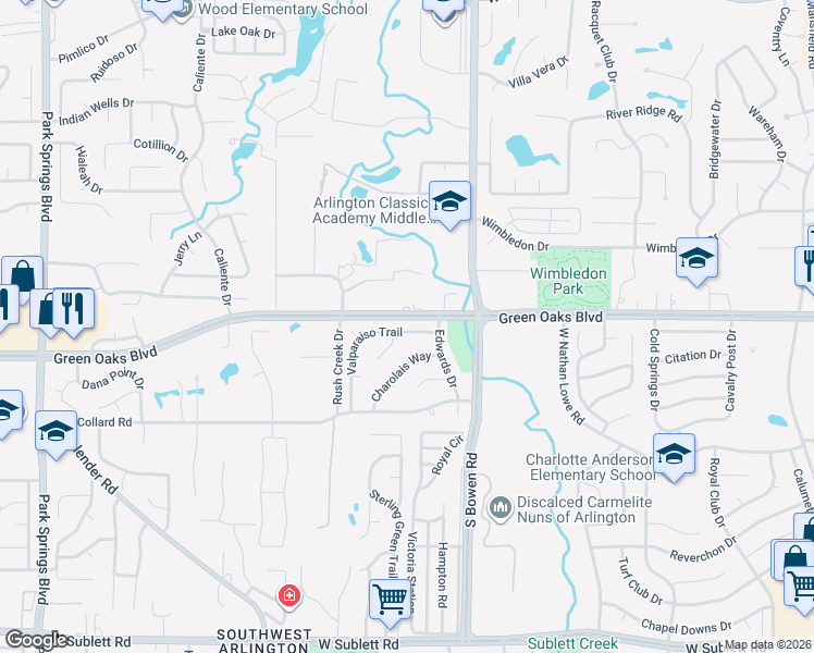 map of restaurants, bars, coffee shops, grocery stores, and more near 2607 Valparaiso Trail in Arlington