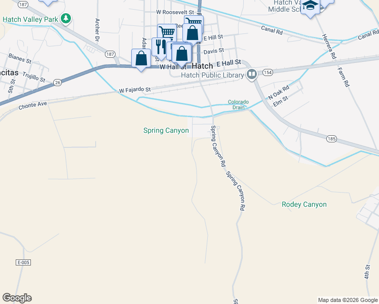 map of restaurants, bars, coffee shops, grocery stores, and more near 500 Spring Canyon Road in Hatch
