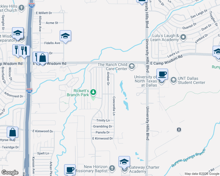 map of restaurants, bars, coffee shops, grocery stores, and more near 7317 Amber Drive in Dallas