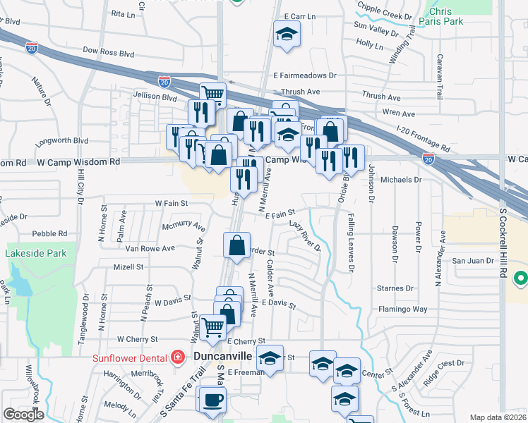 map of restaurants, bars, coffee shops, grocery stores, and more near 707 North Merrill Avenue in Duncanville