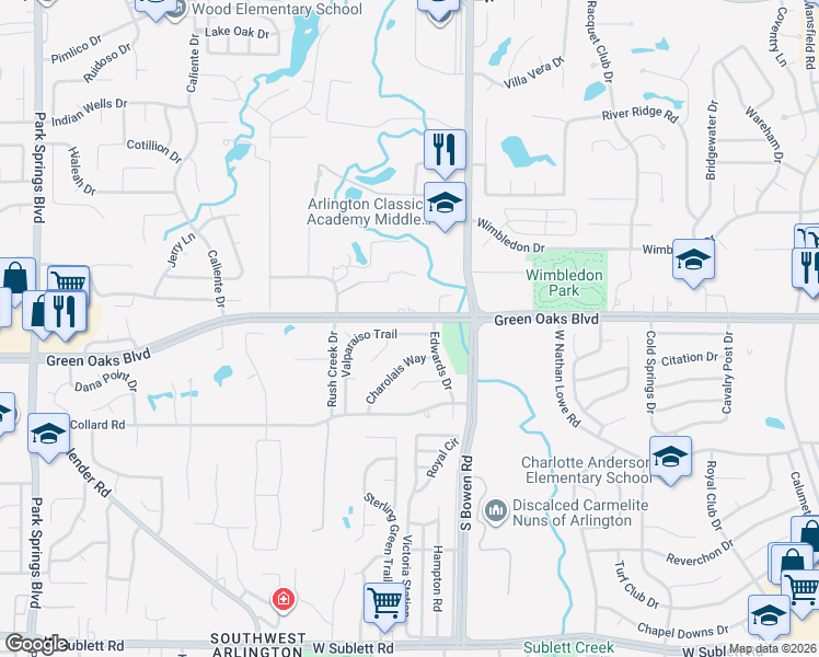 map of restaurants, bars, coffee shops, grocery stores, and more near 2607 Valparaiso Trail in Arlington