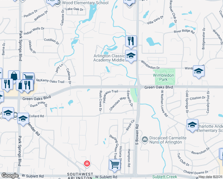 map of restaurants, bars, coffee shops, grocery stores, and more near 2703 Valparaiso Trail in Arlington