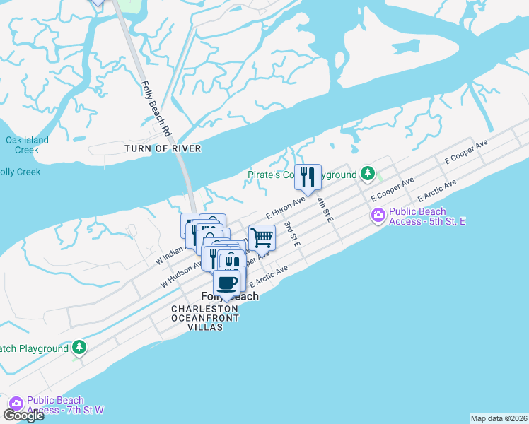 map of restaurants, bars, coffee shops, grocery stores, and more near 220 East Huron Avenue in Folly Beach