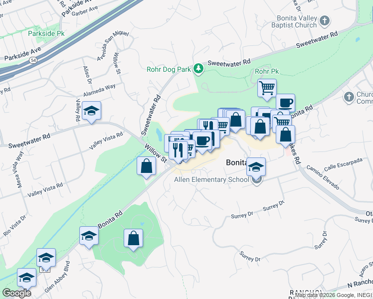 map of restaurants, bars, coffee shops, grocery stores, and more near 4095 Bonita Road in Bonita
