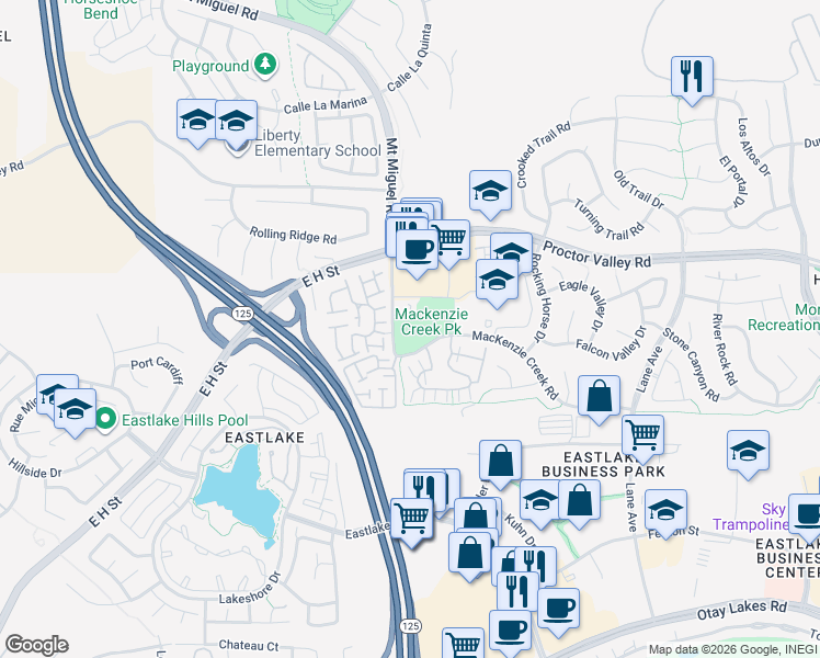 map of restaurants, bars, coffee shops, grocery stores, and more near 2775 Mackenzie Creek Road in Chula Vista