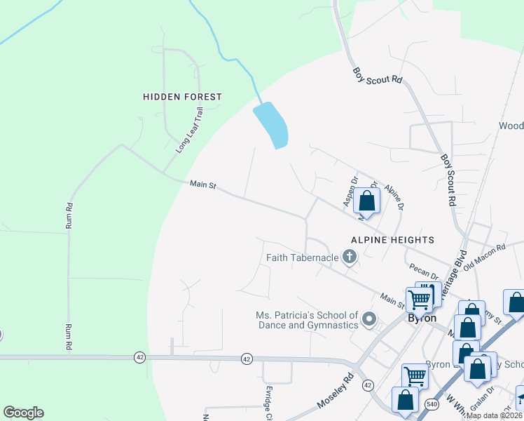 map of restaurants, bars, coffee shops, grocery stores, and more near 704 Main Street in Byron