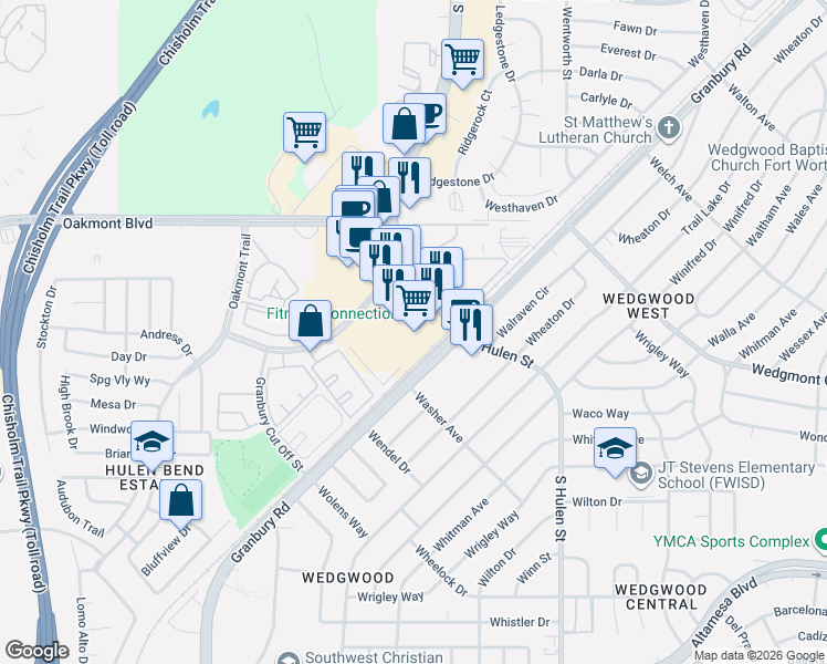 map of restaurants, bars, coffee shops, grocery stores, and more near 6080 South Hulen Street in Fort Worth