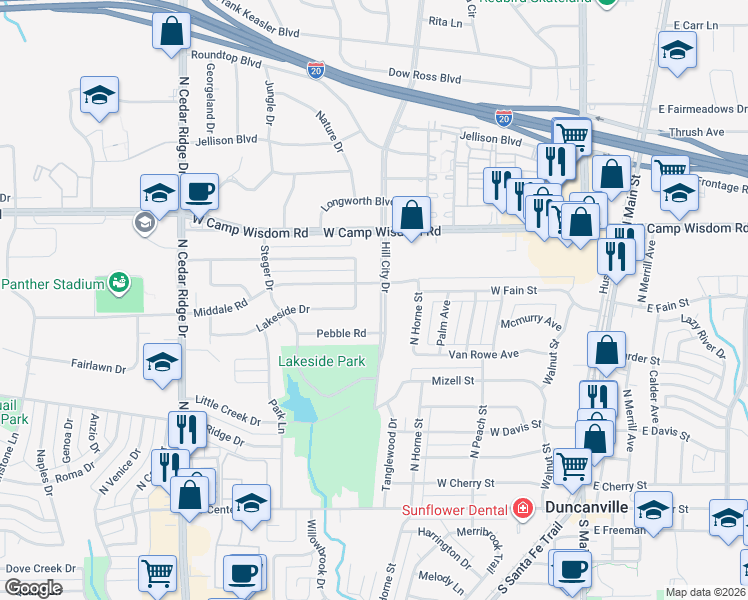 map of restaurants, bars, coffee shops, grocery stores, and more near 610 Markwood Drive in Duncanville