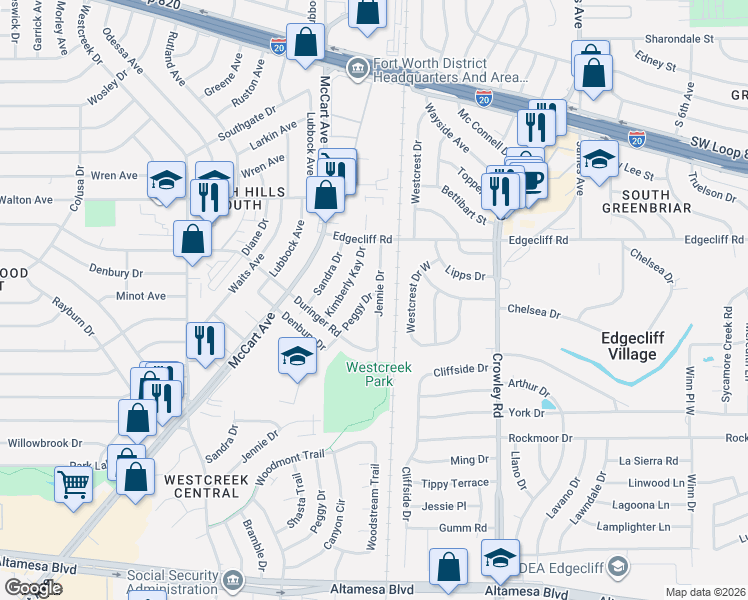 map of restaurants, bars, coffee shops, grocery stores, and more near 5908 Peggy Drive in Fort Worth