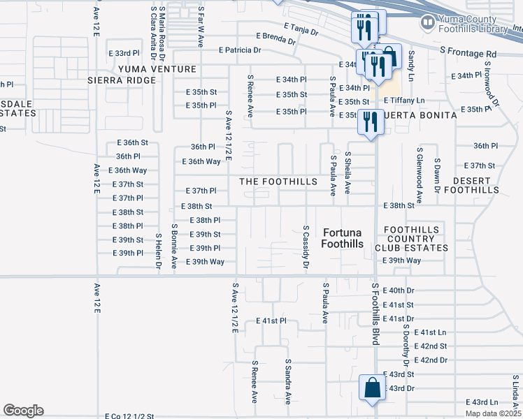 map of restaurants, bars, coffee shops, grocery stores, and more near 11704 Betty Lane in Yuma