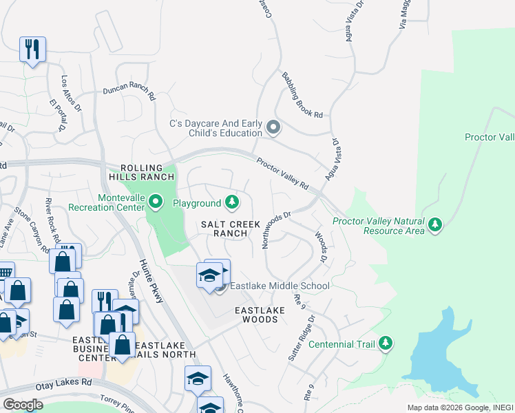 map of restaurants, bars, coffee shops, grocery stores, and more near 2884 North Compass Circle in Chula Vista