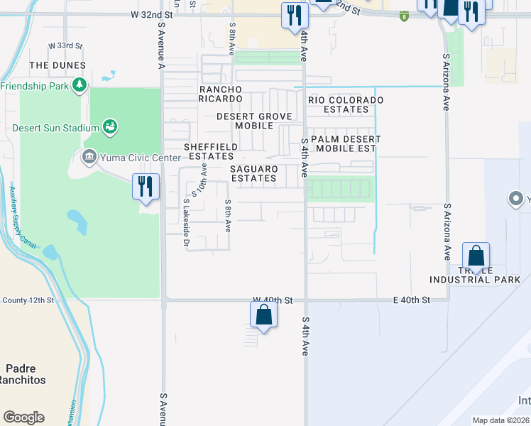 map of restaurants, bars, coffee shops, grocery stores, and more near 3733 South 6th Avenue in Yuma