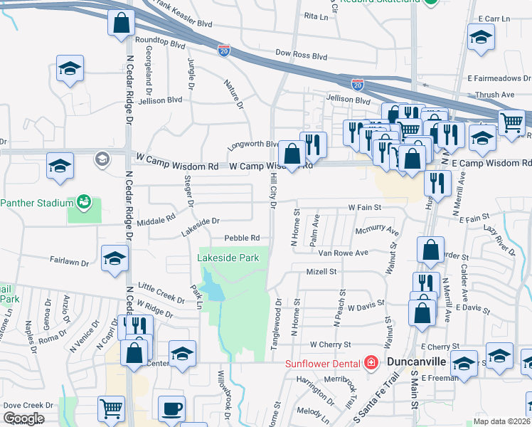map of restaurants, bars, coffee shops, grocery stores, and more near 610 Markwood Drive in Duncanville