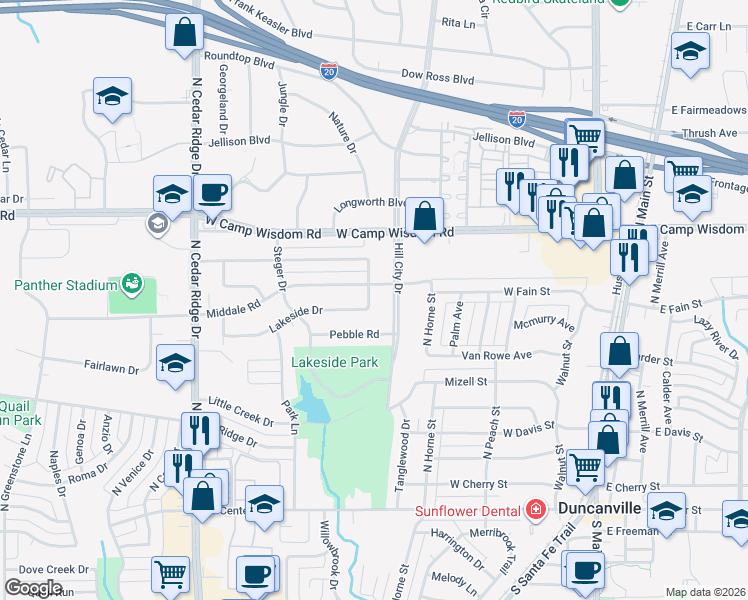 map of restaurants, bars, coffee shops, grocery stores, and more near 610 Markwood Drive in Duncanville
