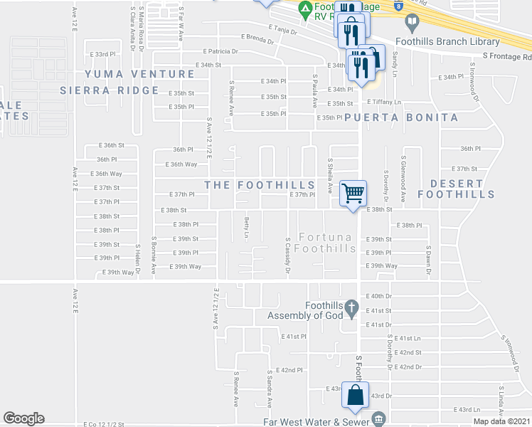 map of restaurants, bars, coffee shops, grocery stores, and more near 11707 South Sandra Avenue in Yuma