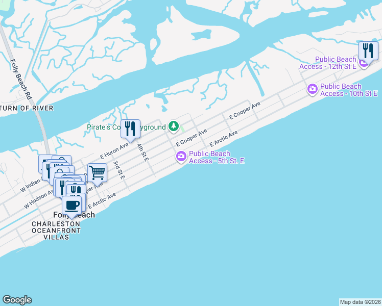 map of restaurants, bars, coffee shops, grocery stores, and more near 512 East Arctic Avenue in Folly Beach