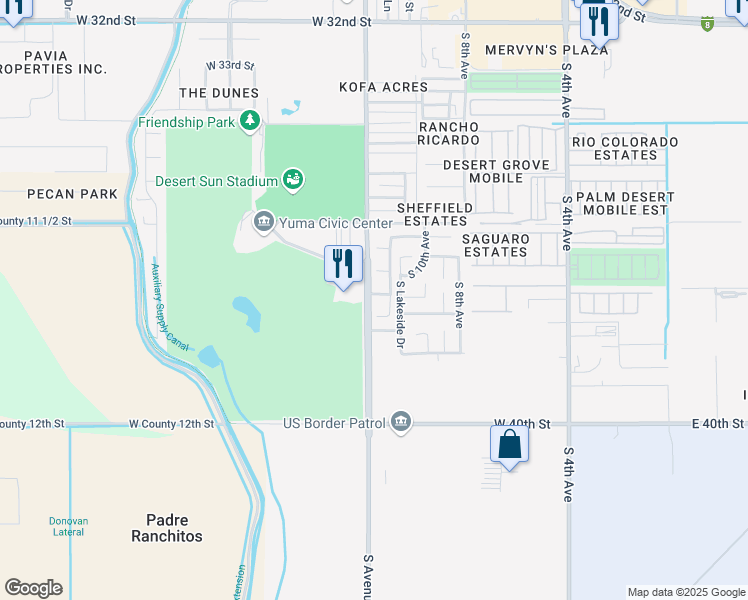 map of restaurants, bars, coffee shops, grocery stores, and more near 1185 West 37th Place in Yuma