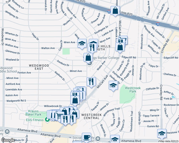 map of restaurants, bars, coffee shops, grocery stores, and more near 3200 Minot Avenue in Fort Worth